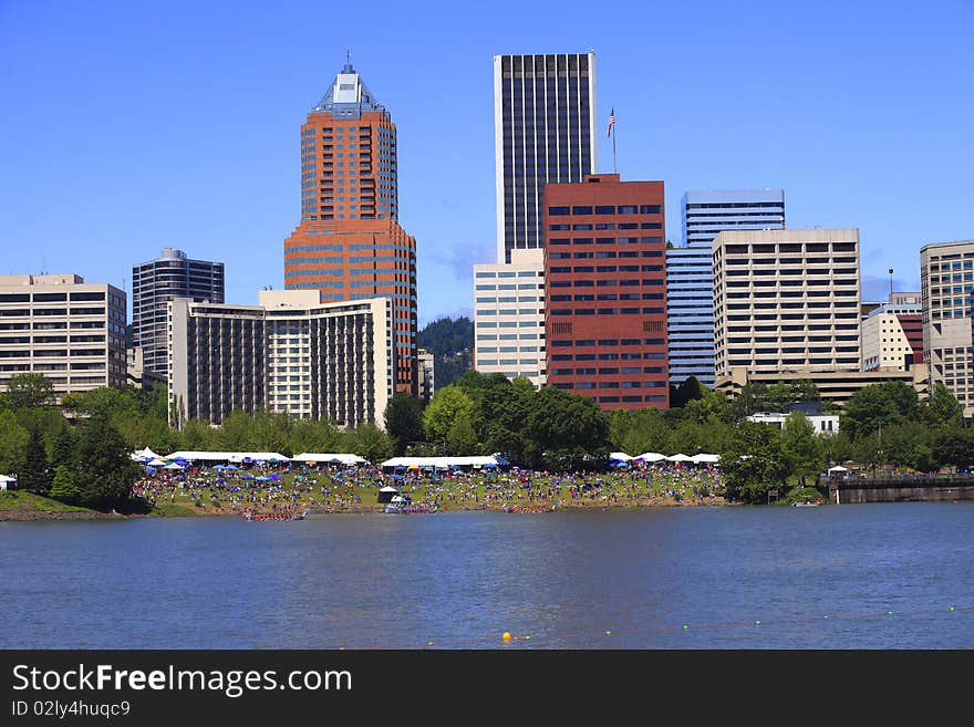 Celebration and water sports in downtown Portland Oregon river park. Celebration and water sports in downtown Portland Oregon river park.