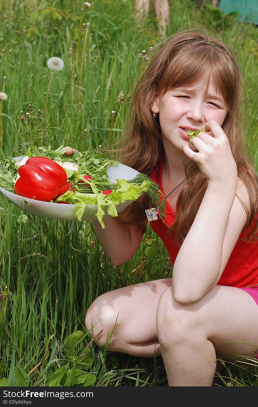 Portrait of the girl on a green grass with a dish of fresh vegetables. Portrait of the girl on a green grass with a dish of fresh vegetables