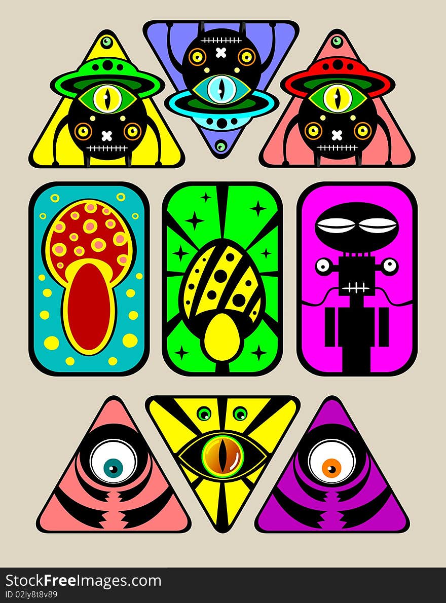 Vector freaks Psychodelic stickers set