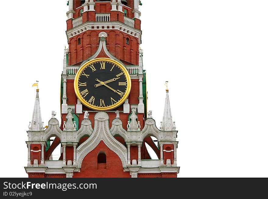 The Kremlin Spasskaya Tower in Moscau, Russia. Close up on a white background. The Kremlin Spasskaya Tower in Moscau, Russia. Close up on a white background.