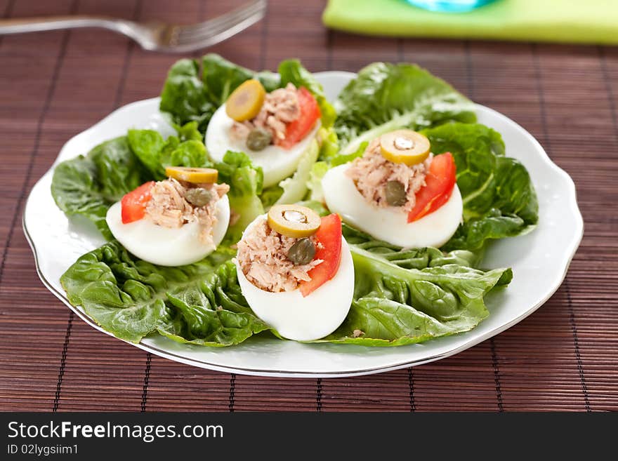 Salad plate of letuce egg tuna and olive. Salad plate of letuce egg tuna and olive