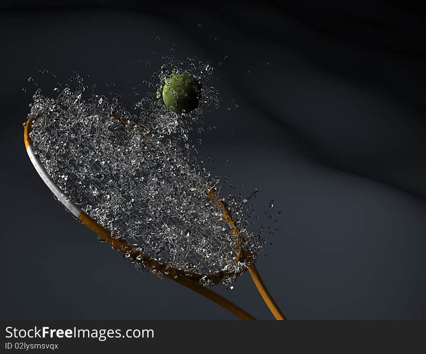 Racket and tennis ball and water