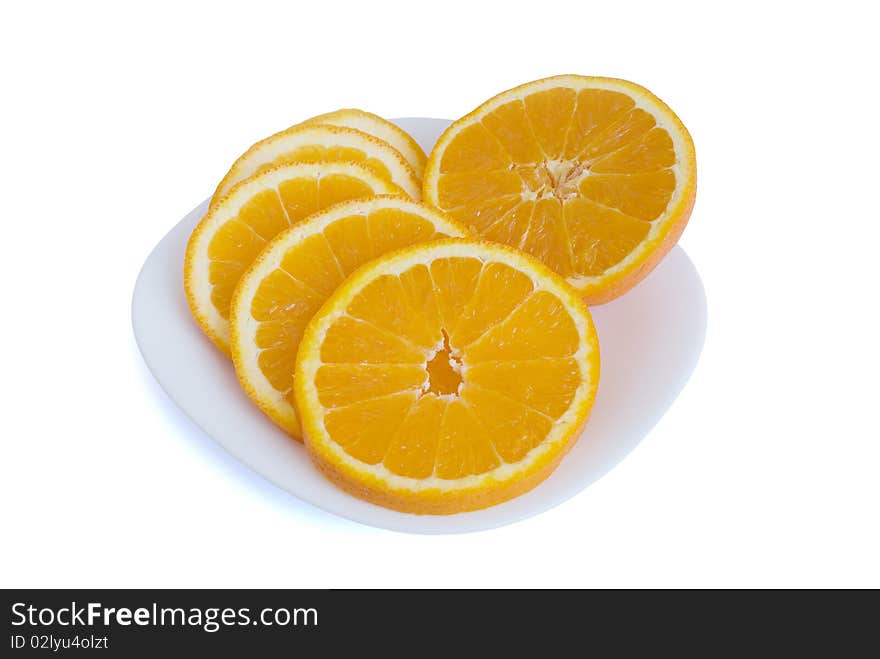 Orange slices are on the plate.
White background.