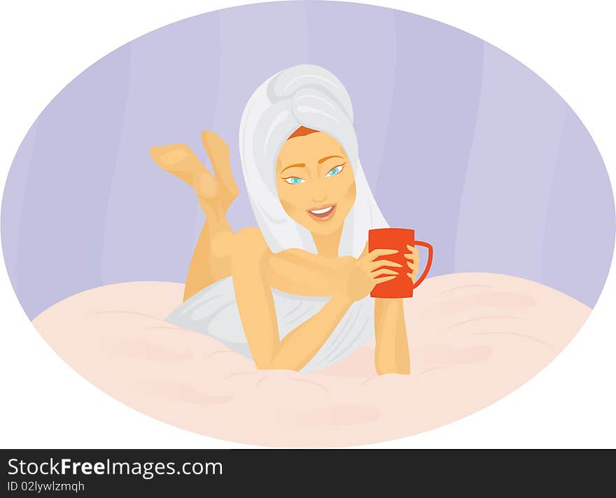 Girl drinking coffee in bed. Girl drinking coffee in bed