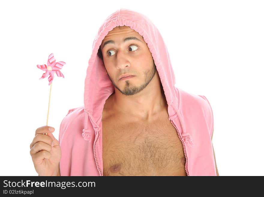 Unshaven young man with weather vane isolated in white