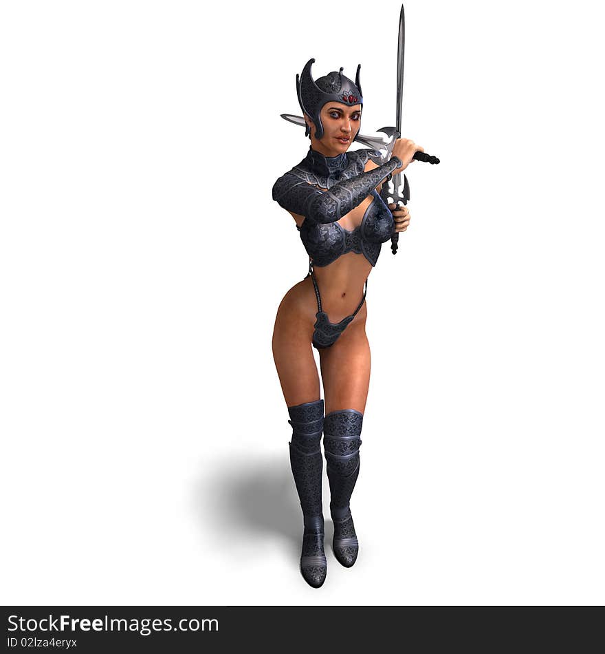 Female amazon warrior with sword and armor. 3D rendering with clipping path and shadow over white