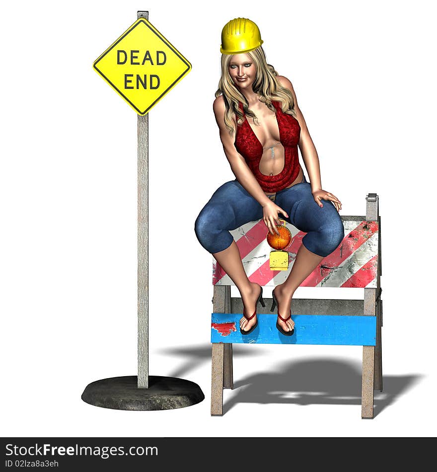 Young and woman as a road worker. 3D rendering with clipping path and shadow over white. Young and woman as a road worker. 3D rendering with clipping path and shadow over white