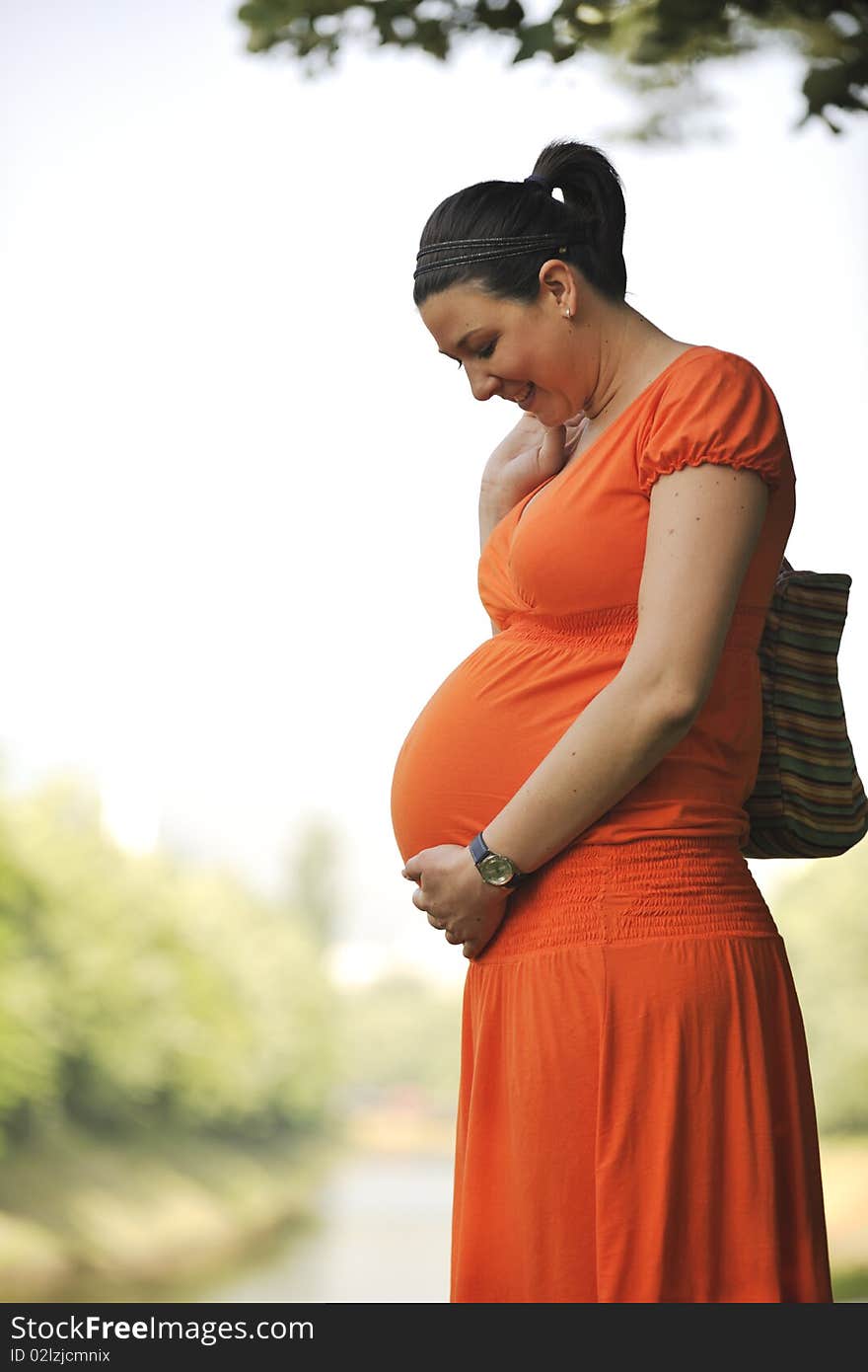 Beautiful young happy pregnant woman outdoor in bright nature in orange dress. Beautiful young happy pregnant woman outdoor in bright nature in orange dress