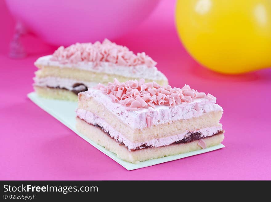 Close up of sweet dessert on pink table top. Close up of sweet dessert on pink table top