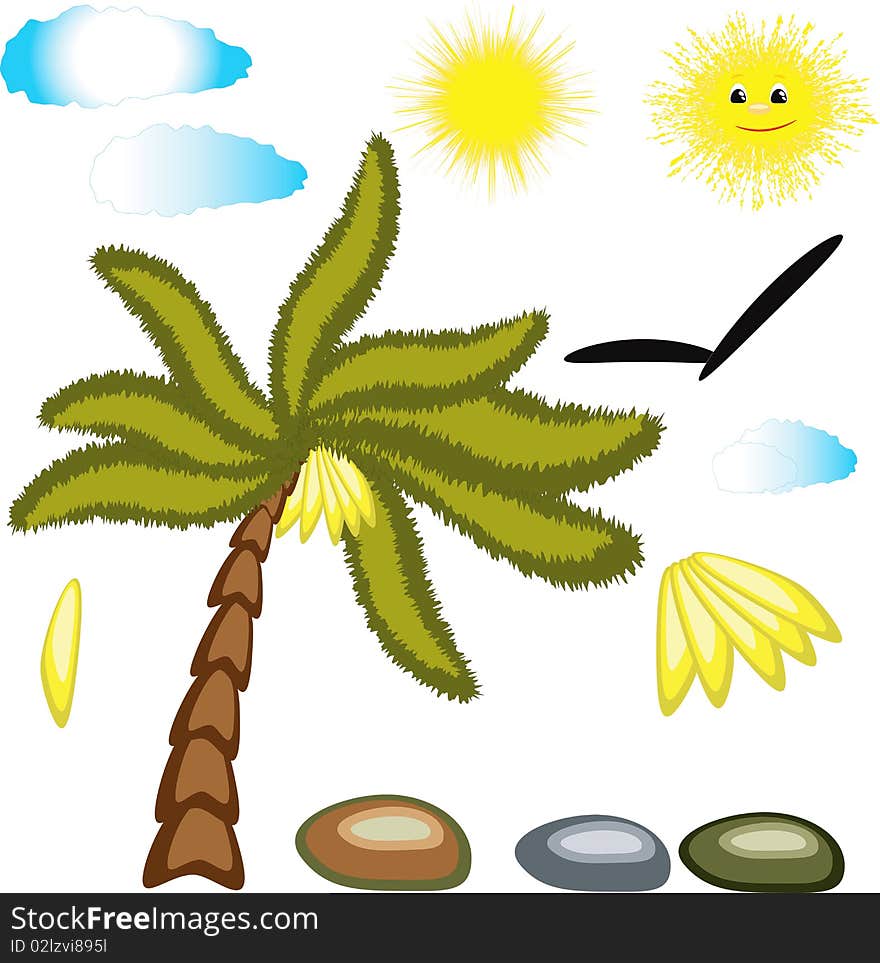 Nature summer icons ,palm ,stones sun and clouds.