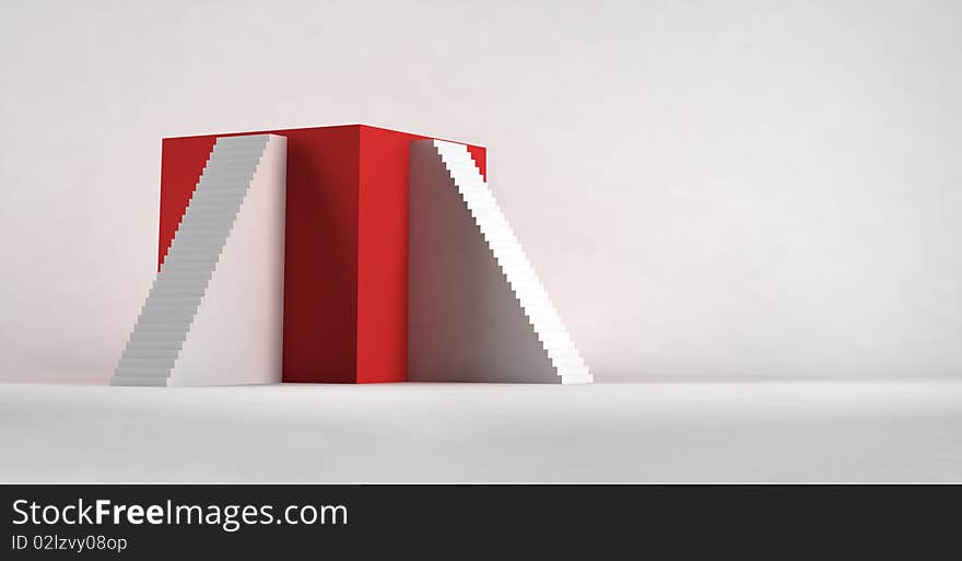 The red cube with stairways. The conceptual illustration.