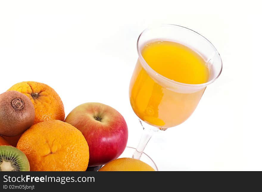 Diverse fruits with drink, isolated on white