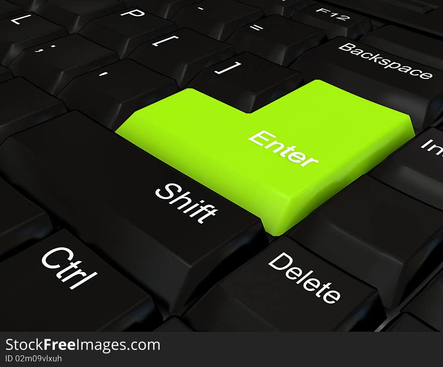 Keyboard - green key. 3d rendered image