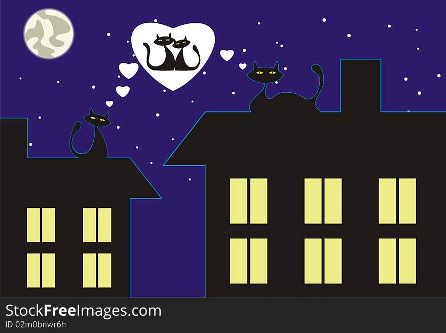 Enamoured cats on a roof, stars in the sky, a night city, the moon in the sky. Enamoured cats on a roof, stars in the sky, a night city, the moon in the sky