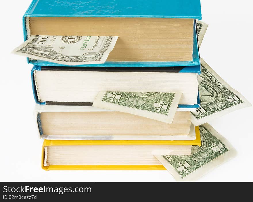 Books with dollar bookmarks isolated