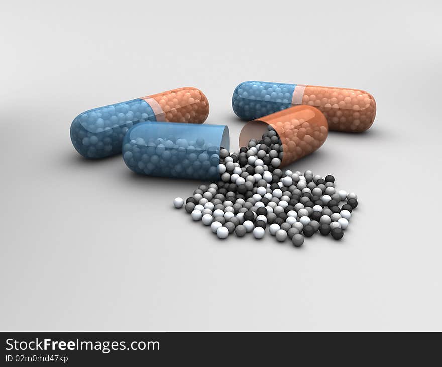 3D rendered image of pills with scattered balls. 3D rendered image of pills with scattered balls