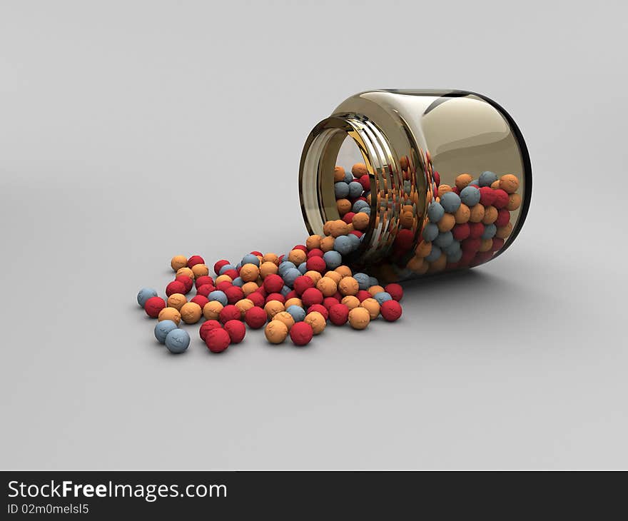 3D Rendered image of jar with scattered radiation balls. 3D Rendered image of jar with scattered radiation balls