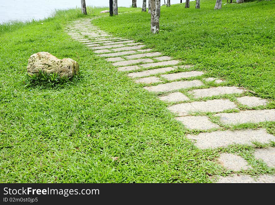 The road in garden, with green grass.