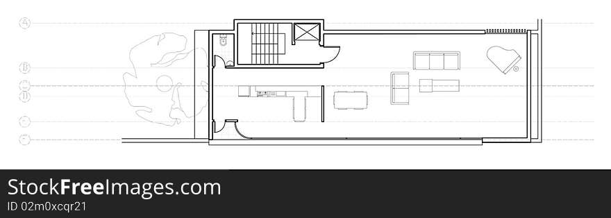 First floor plan of a house that is floating over its garden. First floor plan of a house that is floating over its garden