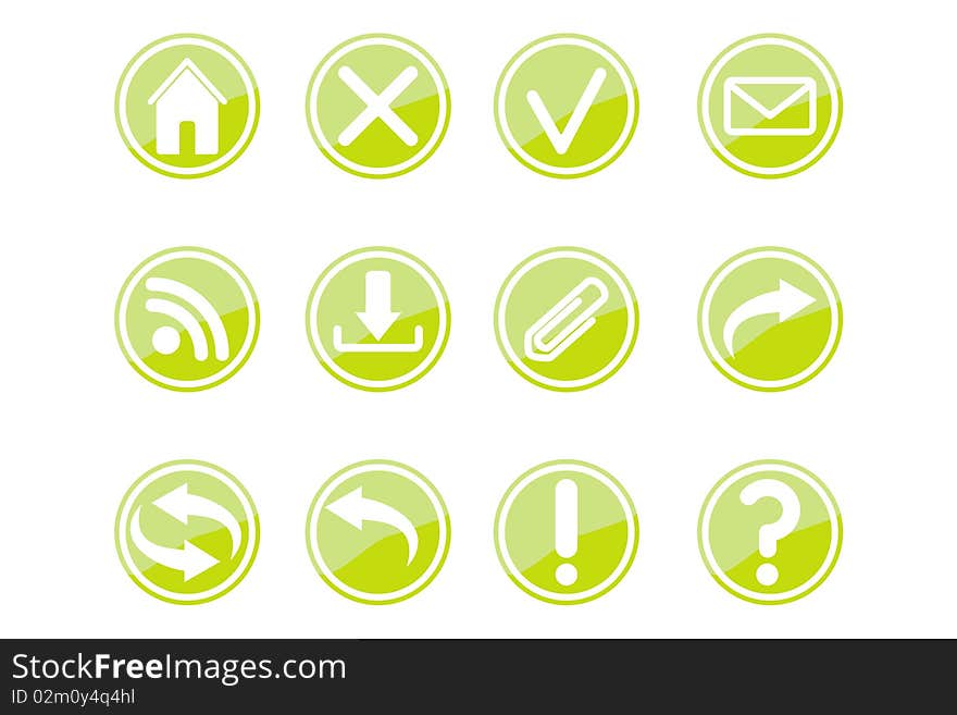 Set from 12 symbols, green symbols, round icons. Set from 12 symbols, green symbols, round icons