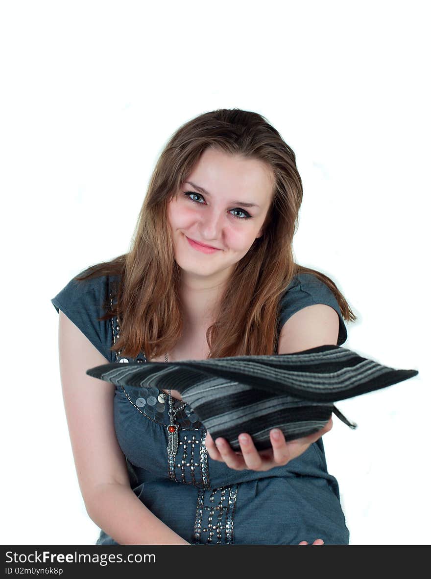 Isolated young woman with hat, like a beggar. Isolated young woman with hat, like a beggar