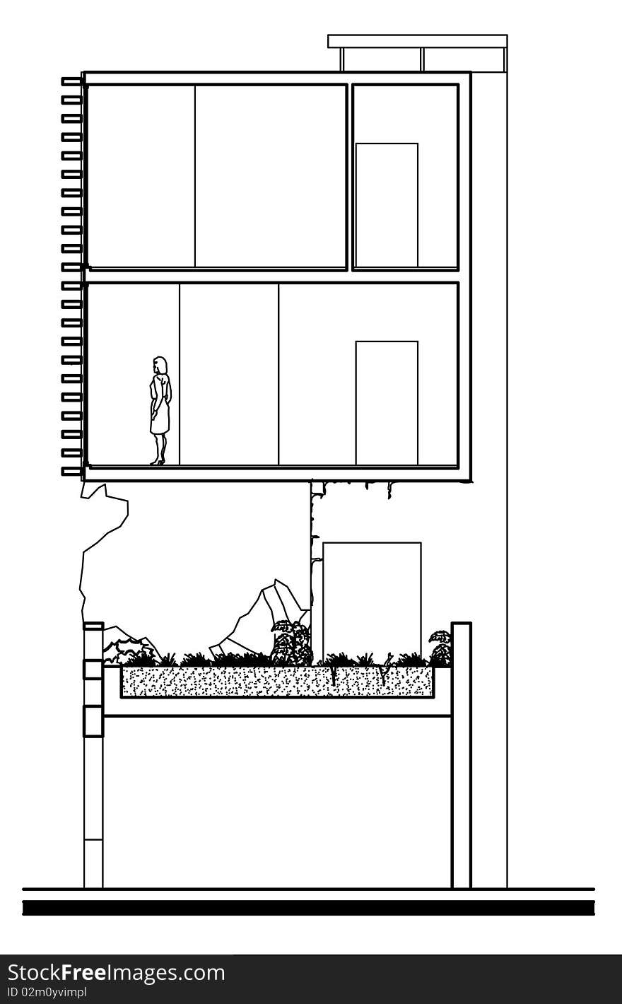 A section of modern house floating over garden that exist over the ground floor. A section of modern house floating over garden that exist over the ground floor