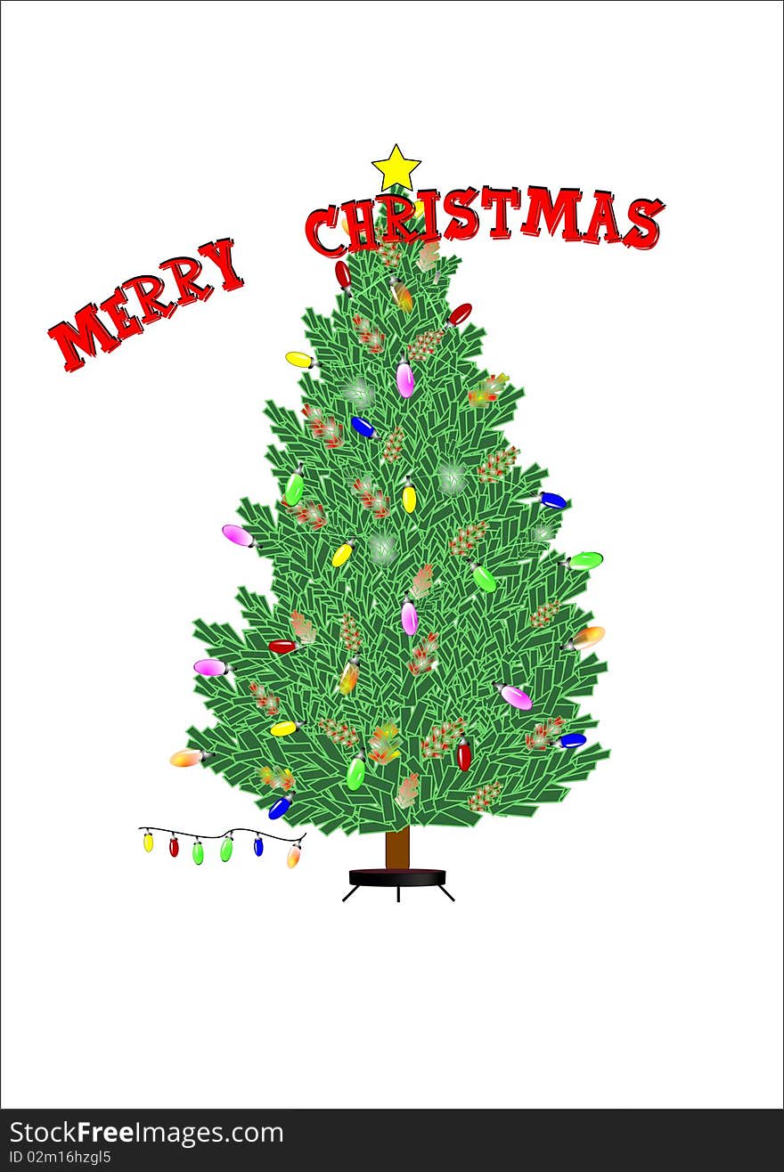 Christmas tree with lights and cones on white with text in red curved. Christmas tree with lights and cones on white with text in red curved