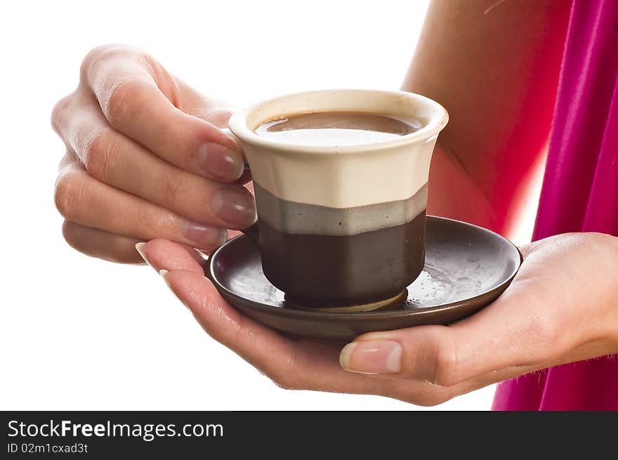 Cup of coffee in the girl's hands. Cup of coffee in the girl's hands