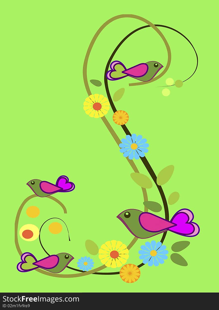 An illustration with cute colorful birds on swirling brenches and little flowers around. Can be used as a card or background. An illustration with cute colorful birds on swirling brenches and little flowers around. Can be used as a card or background