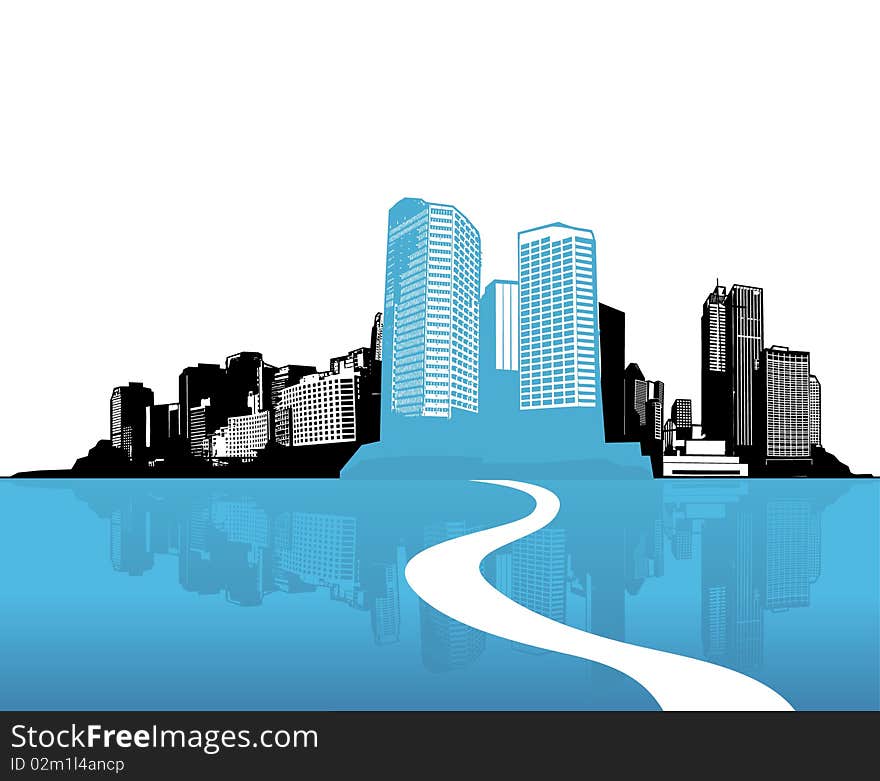 City with reflection. Vector art