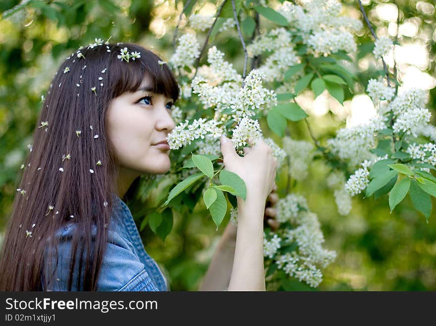 Girl standing near lilac in blossom