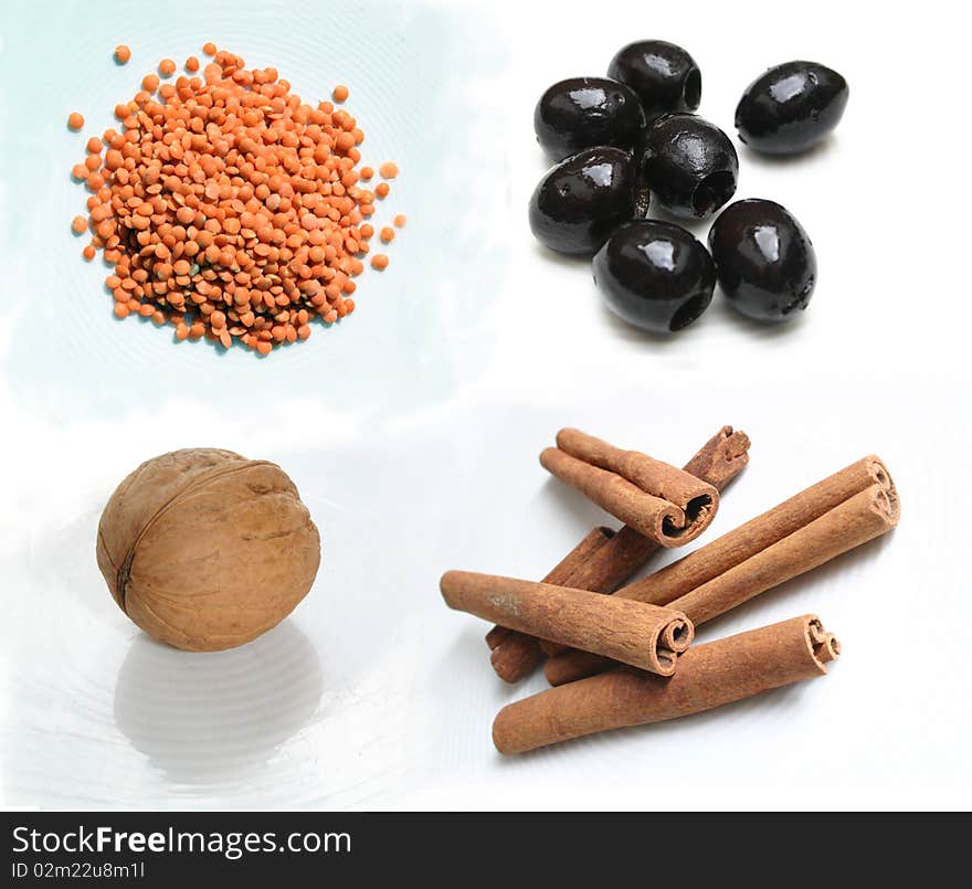 Isolated food ingredients - Lenses Olives Walnut Cinnamon