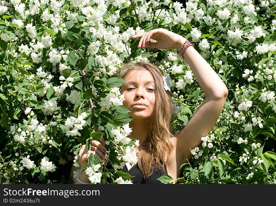 Girl Standing Near Lilac