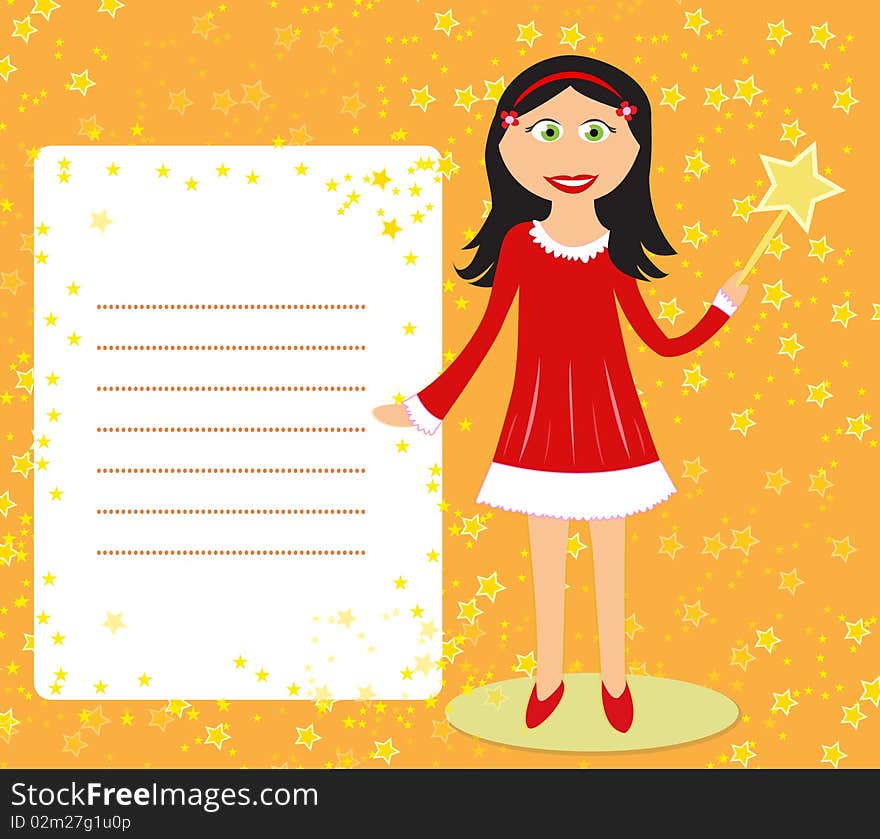 Fairy girl with magic wand and white frame with copy space for your text. Fairy girl with magic wand and white frame with copy space for your text.