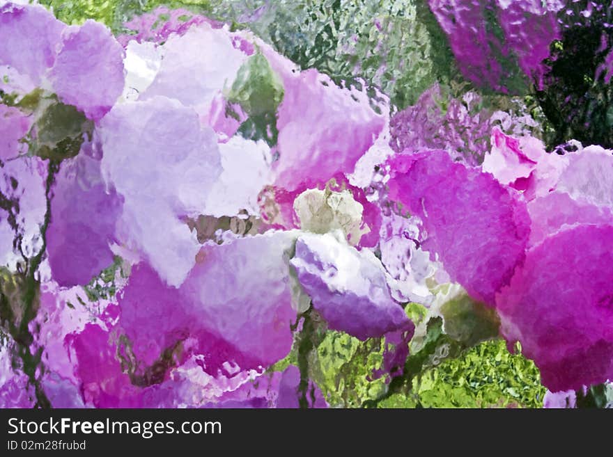 an abstract background of pink flowers behind a textured glass window. an abstract background of pink flowers behind a textured glass window