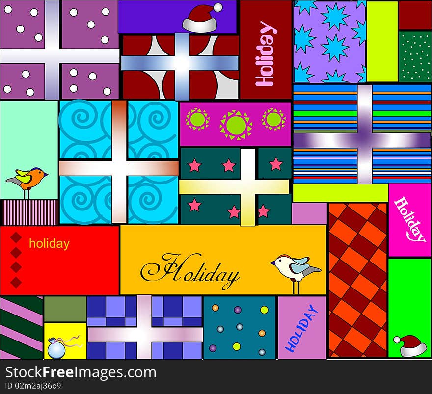 Background of a beautiful holiday gift boxes and other elements. Background of a beautiful holiday gift boxes and other elements