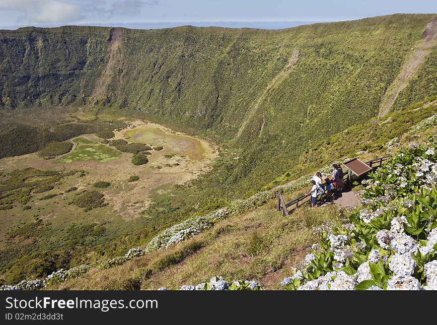 Tourists Admiring Caldeira Volcano In Faial