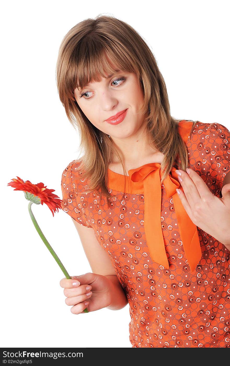 Cheerful young girl with red flower