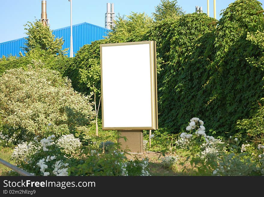 White publicity board in greens of bushes. White publicity board in greens of bushes