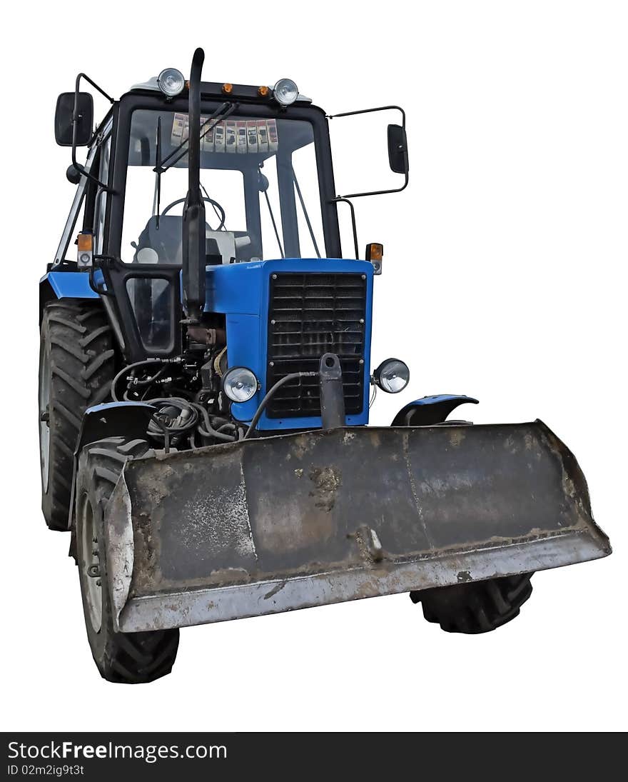 Medium tractor in blue colors after the several years of usage. Front view. Isolated on white background. Medium tractor in blue colors after the several years of usage. Front view. Isolated on white background