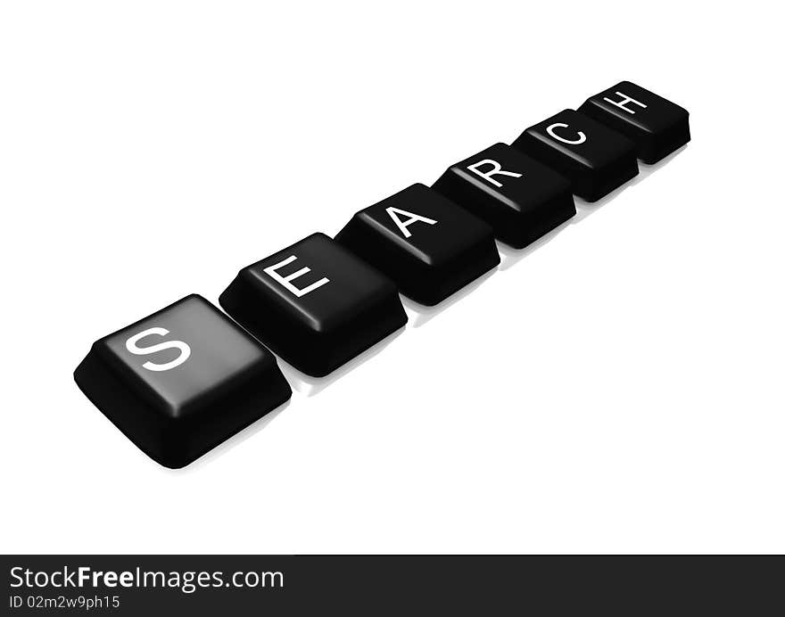 Black computer keyboard buttons spelling out the word search on a white background.