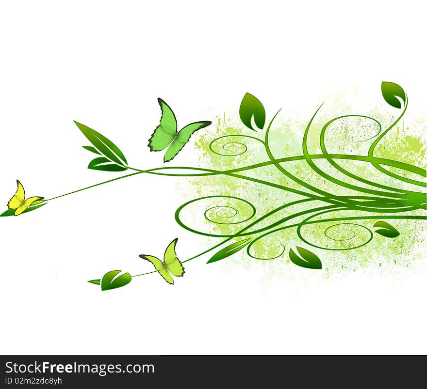 Grunge foliage background with butterflies isolated on white background in vector format. Grunge foliage background with butterflies isolated on white background in vector format