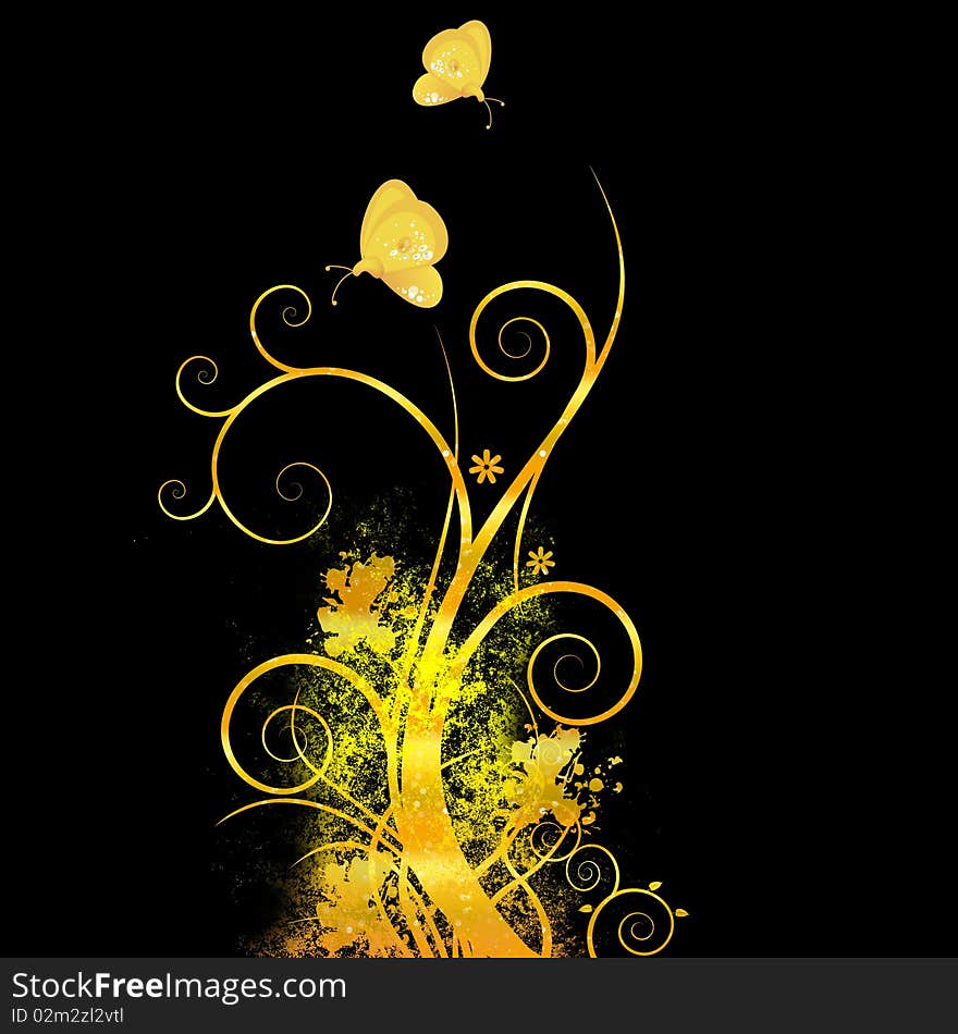 Grunge foliage background with butterflies isolated on black background in vector format. Grunge foliage background with butterflies isolated on black background in vector format