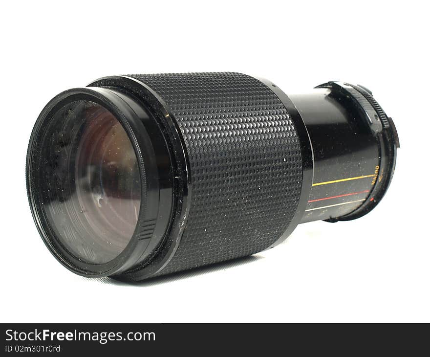 Old camera lens on a white background