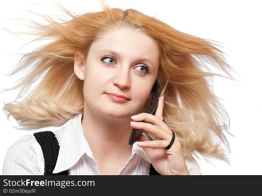 Romantic woman listens to phone. Isolated on white background.