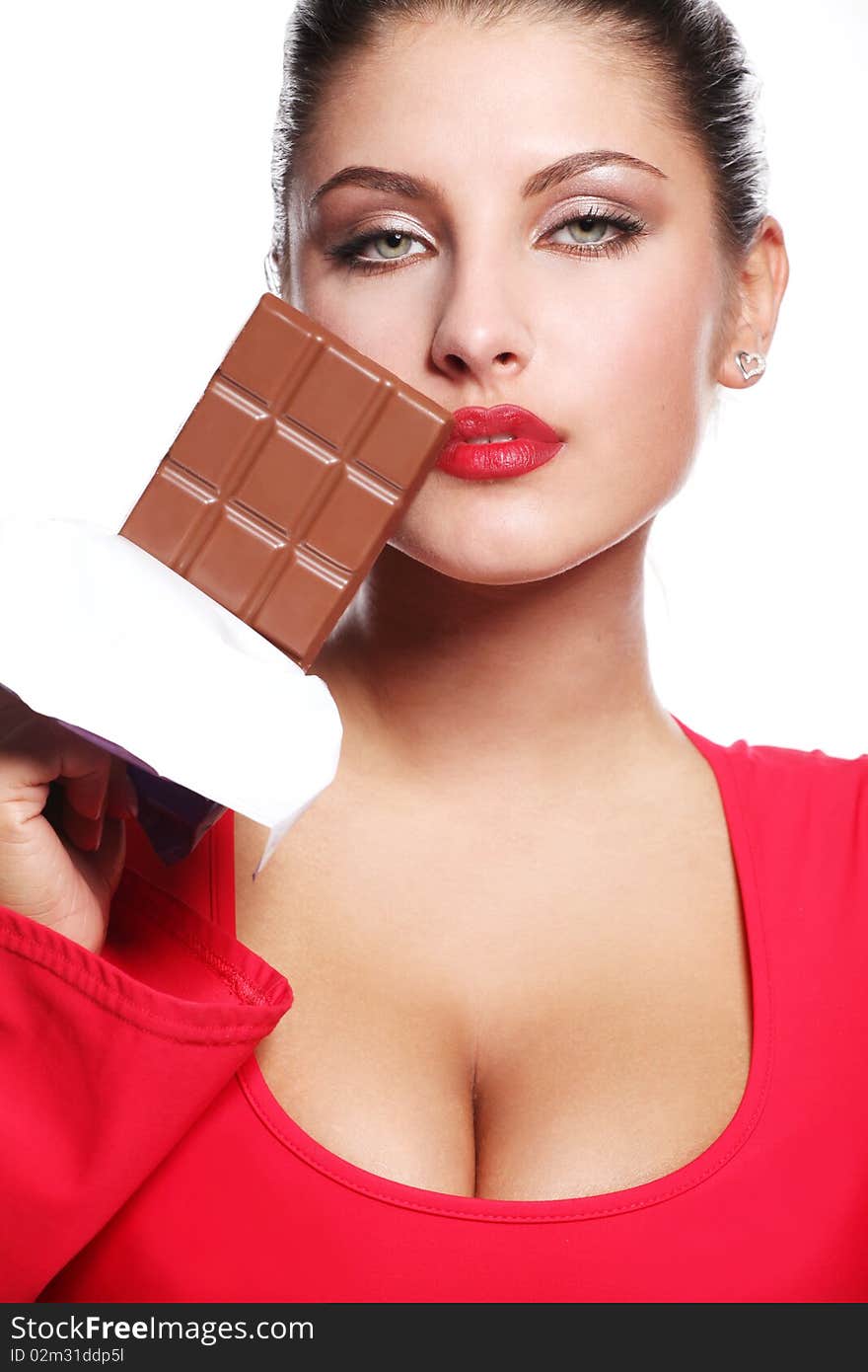 Woman and bar of chocolate