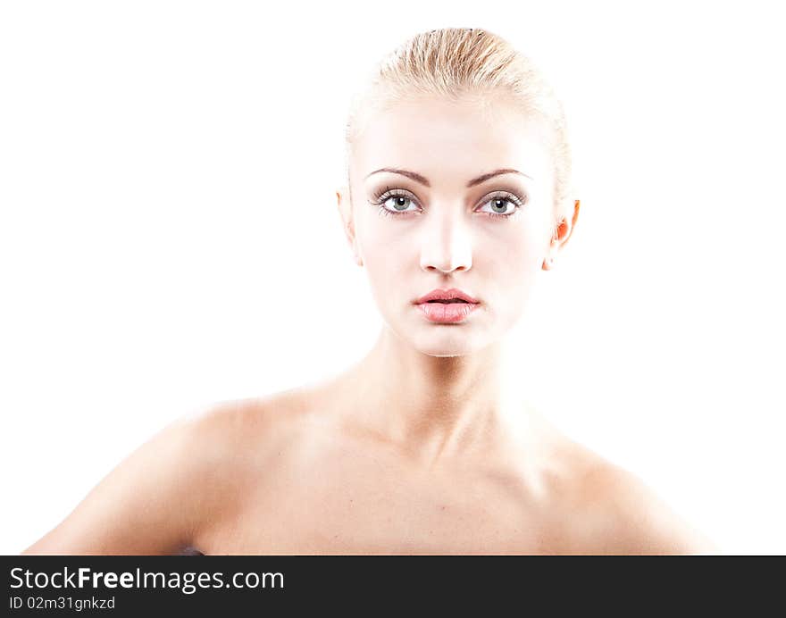 Young beautiful blond woman isolated at white background. Young beautiful blond woman isolated at white background