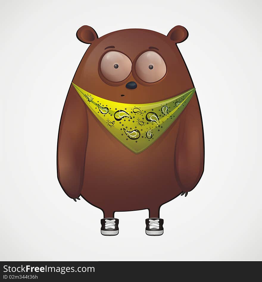 Icon. Image with funny cartoon bear wearing shoes and yellow ethnic wrap