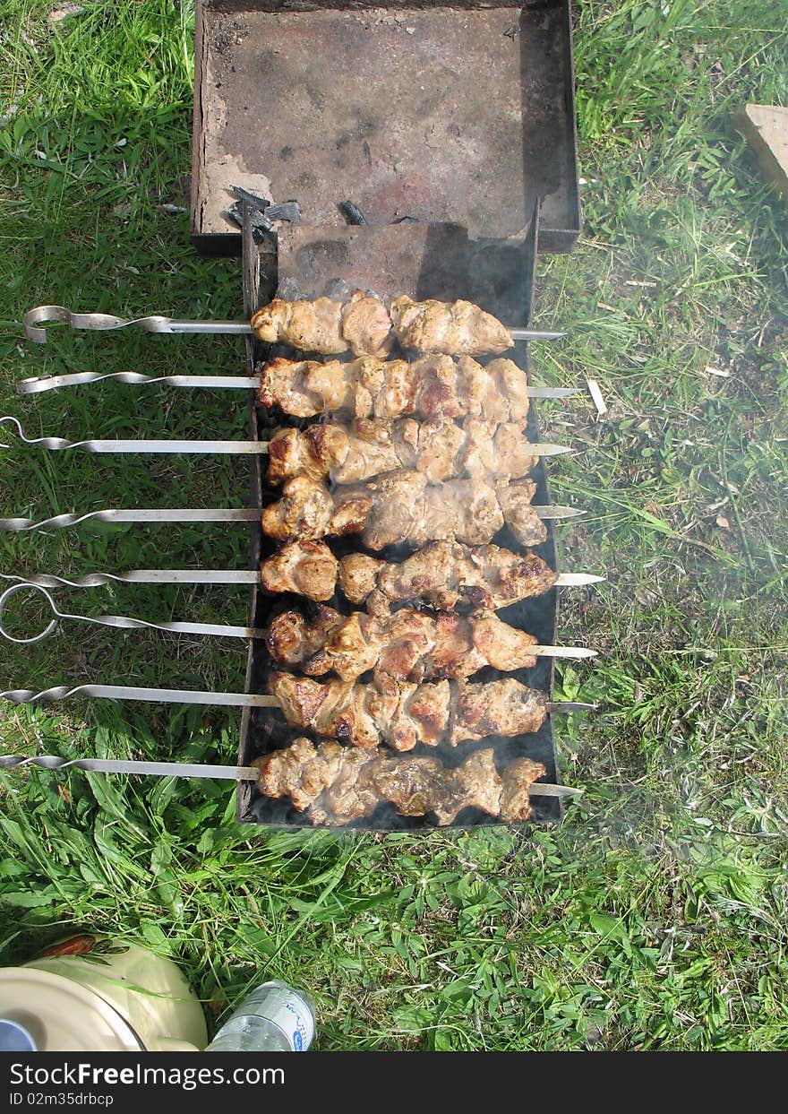 Tasty shish kebabs prepared on coals