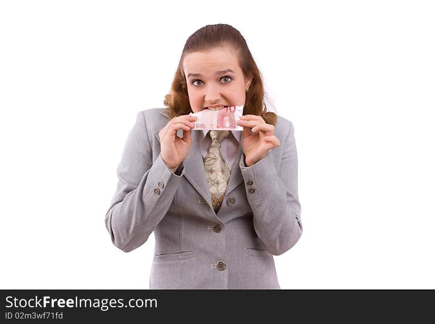 Business woman eating some money